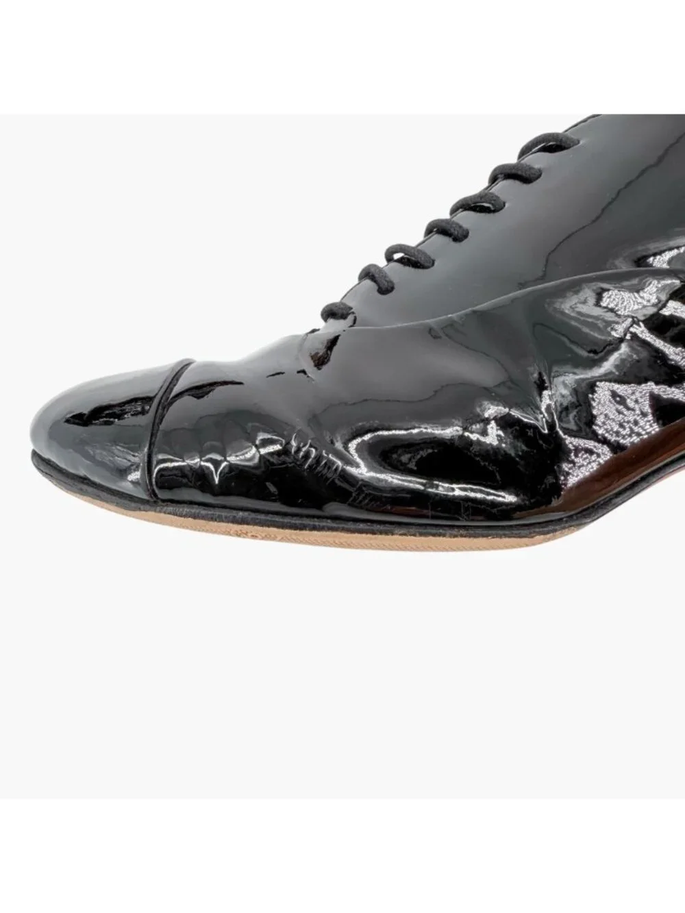 Chanel CC Camellia Flower Patent Oxford Heels Black Leather Size 37 US 6-6.5